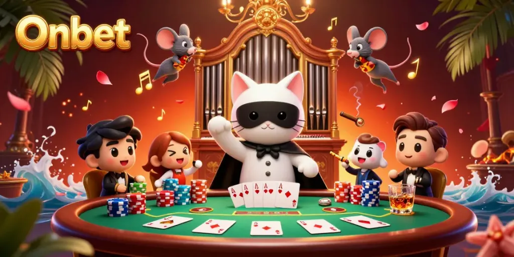 Engage with Onbet's thrilling poker atmosphere featuring captivating characters and vibrant casino elements.