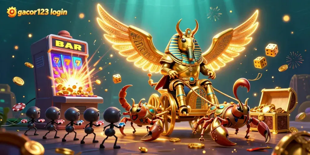 Engage with gacor123 login as the colossal golden scarab beetle and scorpions dominate a vibrant casino scene.
