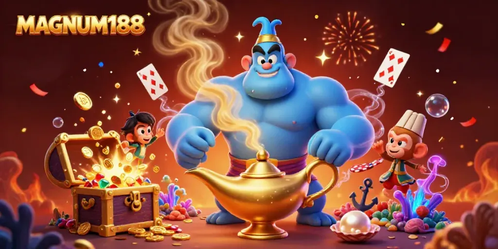 Experience the thrill of MAGNUM188 with a cartoon genie and magic elements in a vibrant casino scene.
