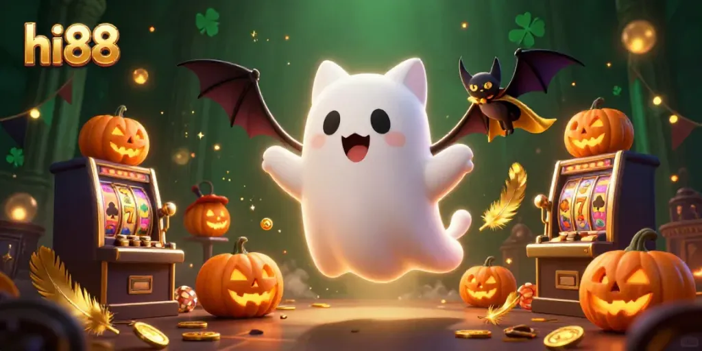 Watch the friendly ghost cat explore the exciting hi88 casino with glowing poker jack-o-lanterns.