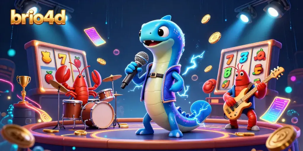 Experience the thrilling features of brio4d with vibrant slot reels and underwater characters in this captivating casino illustration.