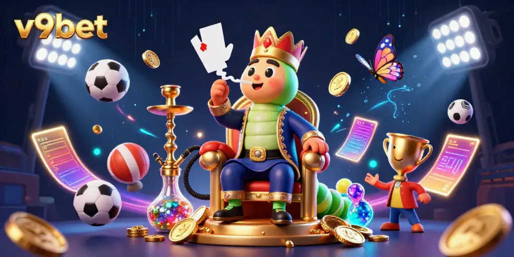 Experience dynamic gambling action with v9bet through a vibrant 3D illustration of casino elements.