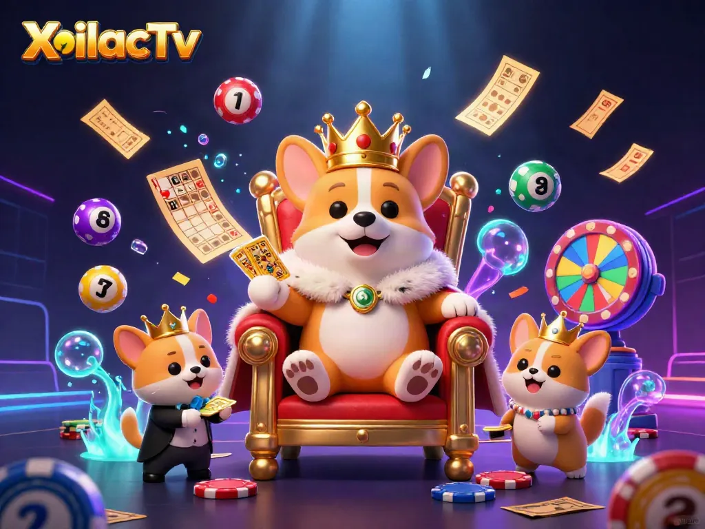 XoilacTv features a royal corgi king amid vibrant gambling elements like lottery balls and a prize wheel.