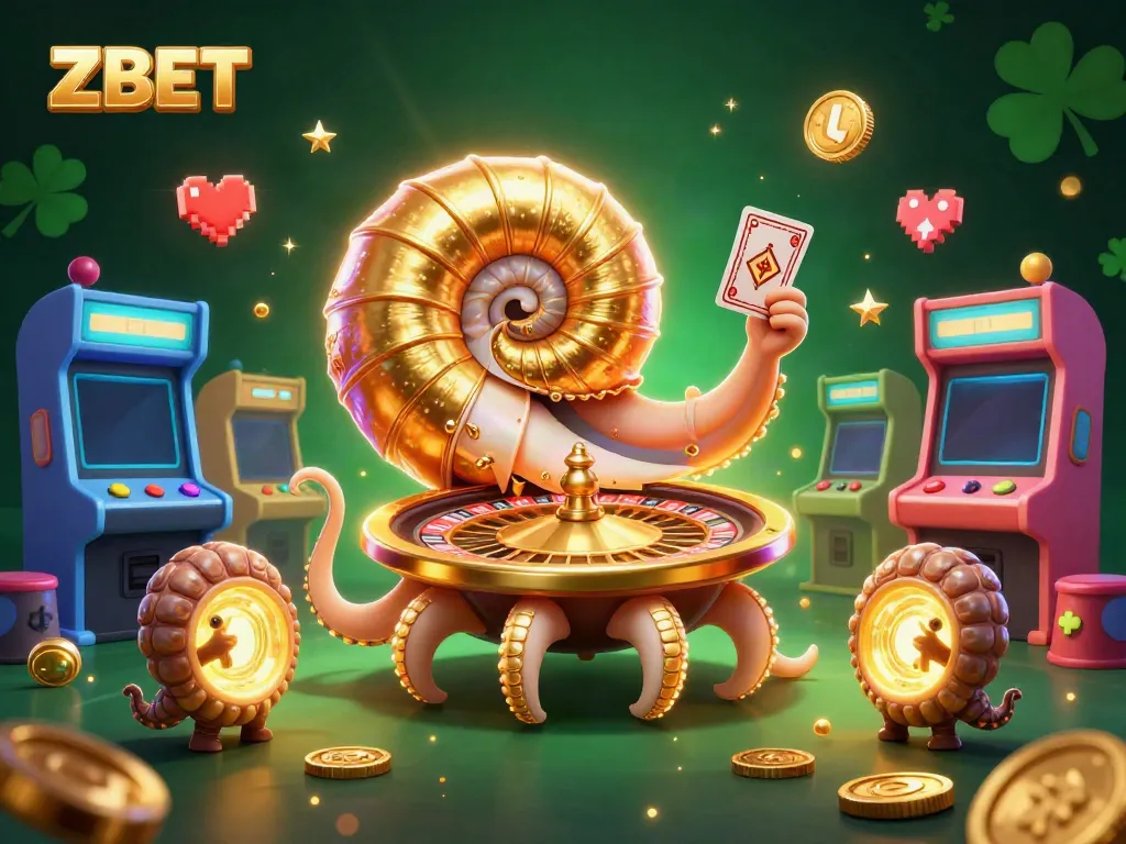 ZBET captivates with an ancient nautilus, roulette wheel, and glowing game elements.
