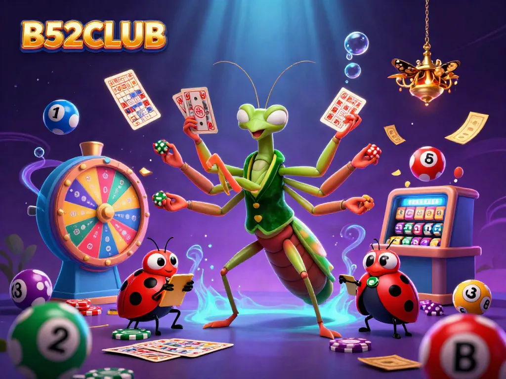 B52CLUB vibrant casino scene with animated characters celebrating exciting games and prizes.