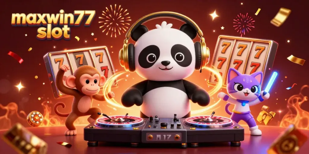 Spin and win with maxwin77 slot in an exciting 3D casino scene featuring vibrant characters.