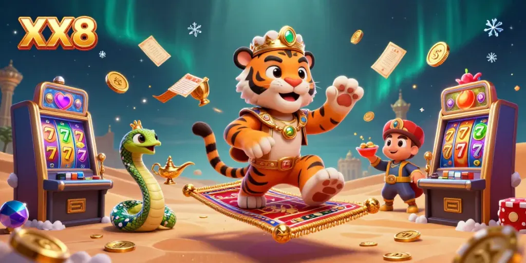 Experience the excitement of XX8 casino gaming with a vibrant and dynamic 3D illustration of a lucky sultan and magical elements.
