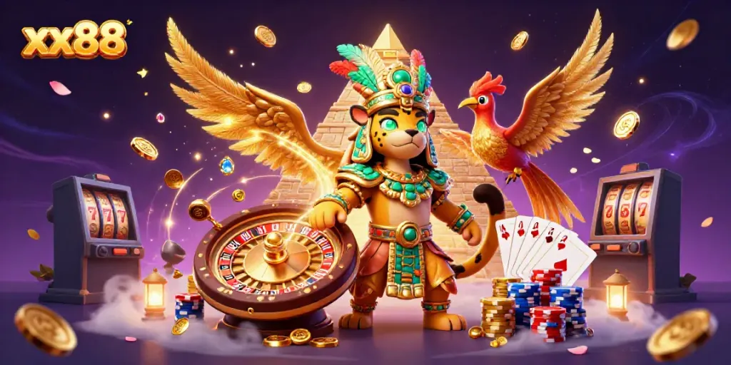 Experience the thrilling world of xx88 casino with Mayan characters, gold coins, and vibrant gambling elements.