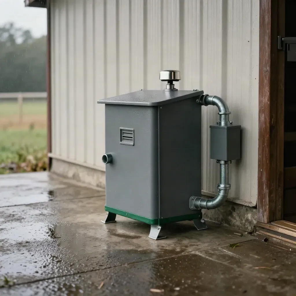 Weatherproof barn camera hardware on a rain-washed concrete slab with mist and soft light