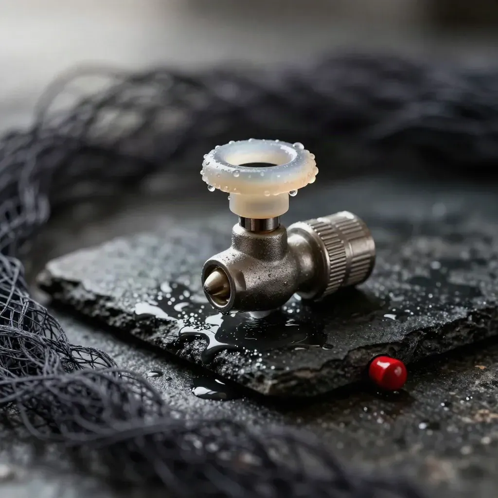 Drinker valve, mineral ring and wet mat on stone, seen through soft mesh