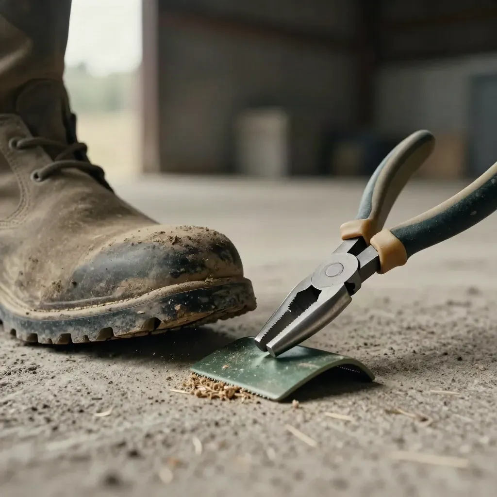 Barn tools on concrete: ear-tag pliers, sorting paddle and boot tread in warm dust.