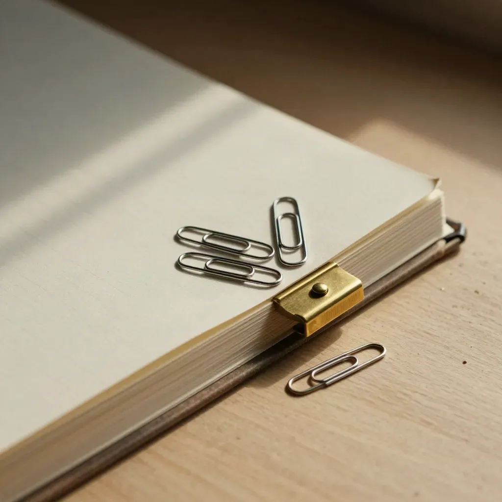 Closed slate binder, steel clips and brass tray on pale wood in soft daylight.