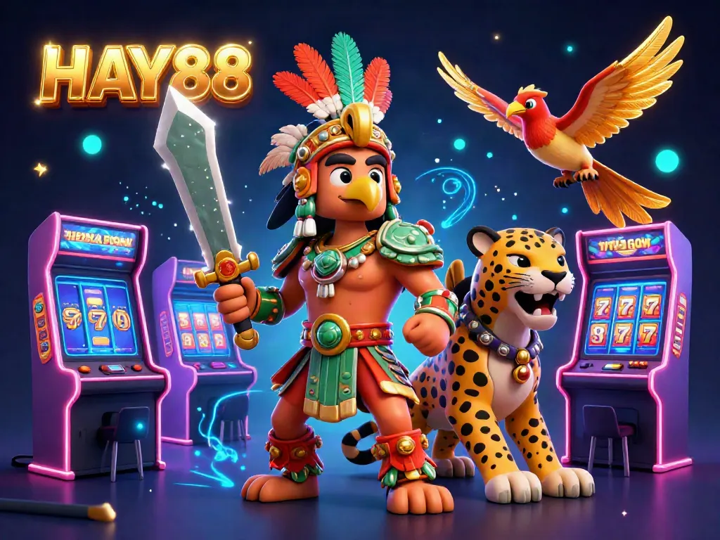 Engage with HAY88's vibrant gambling scene featuring dynamic characters and arcade elements.