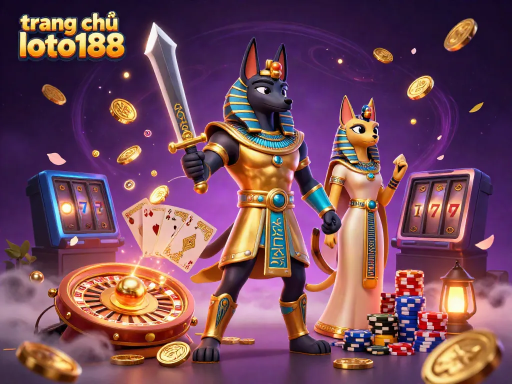 Experience the excitement of trang chủ loto188 with a vibrant 3D casino scene featuring Anubis and Bastet.