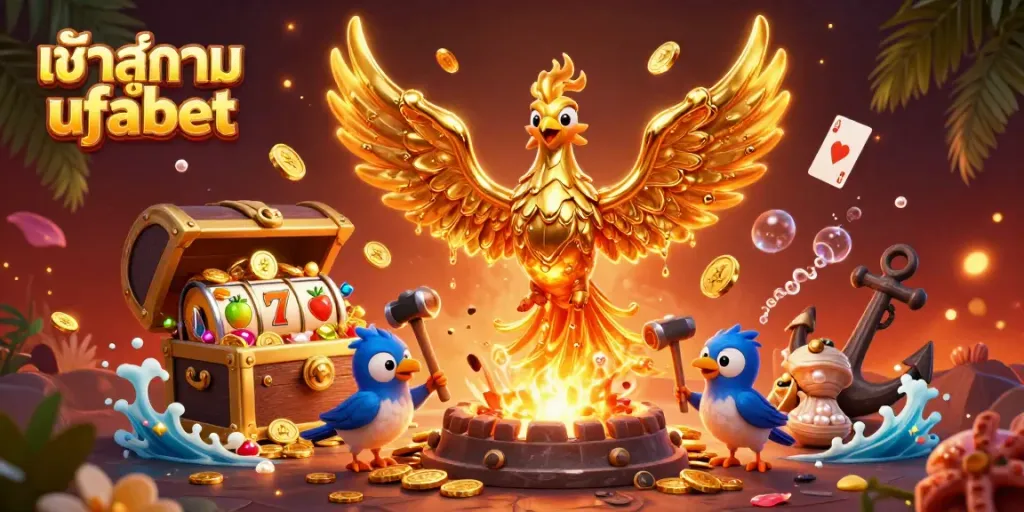 Engage in action with เข้าสู่ระบบ ufabet featuring a phoenix and treasure in a vibrant casino scene.