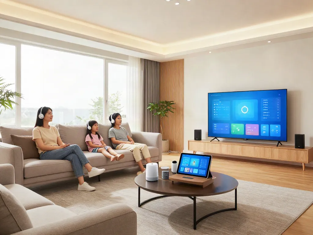 Smart home living room with integrated technology showcasing خانه هوشمند جهان اسمارت features in bright, inviting atmosphere.
