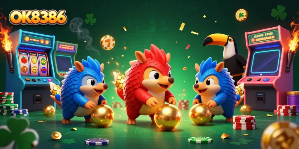 Engage with thrilling casino action and rivalry at OK8386 featuring pangolins in colorful armor and golden scales.