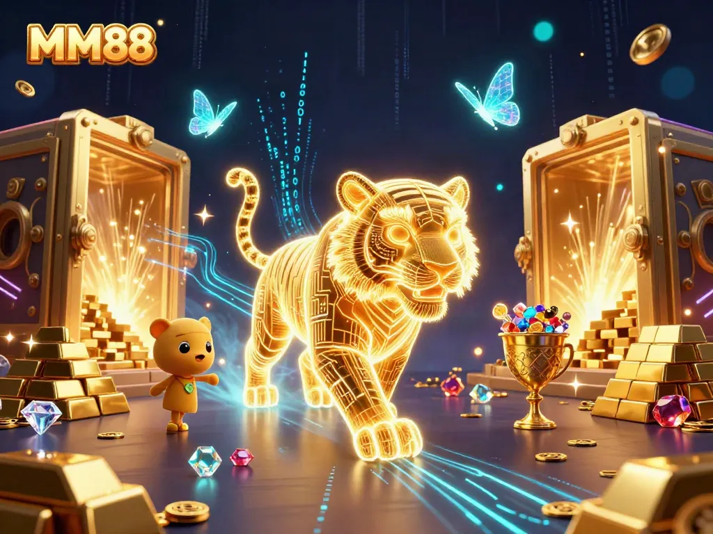 Experience the excitement of MM88 in a vibrant digital casino, with golden treasures and illuminated characters.