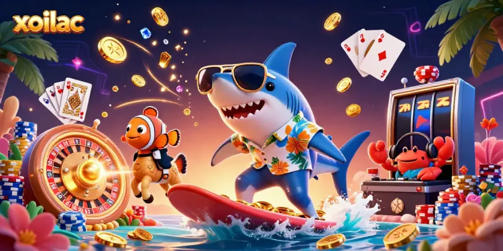 Surf through excitement with the xoilac shark and friends in a vibrant gambling adventure