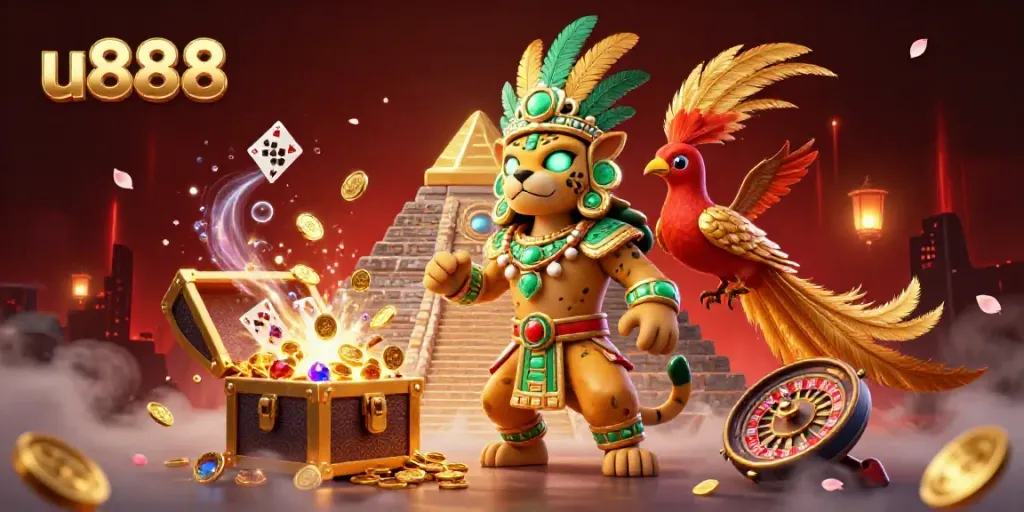 Engage with u888's vibrant casino experience featuring a jaguar priest, cards, and treasures.