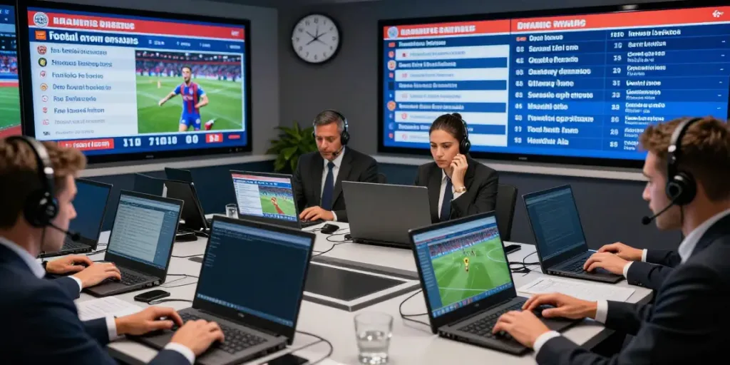 Journalists reporting ข่าวกีฬาฟุตบอล in a busy newsroom, featuring live football transfer updates.