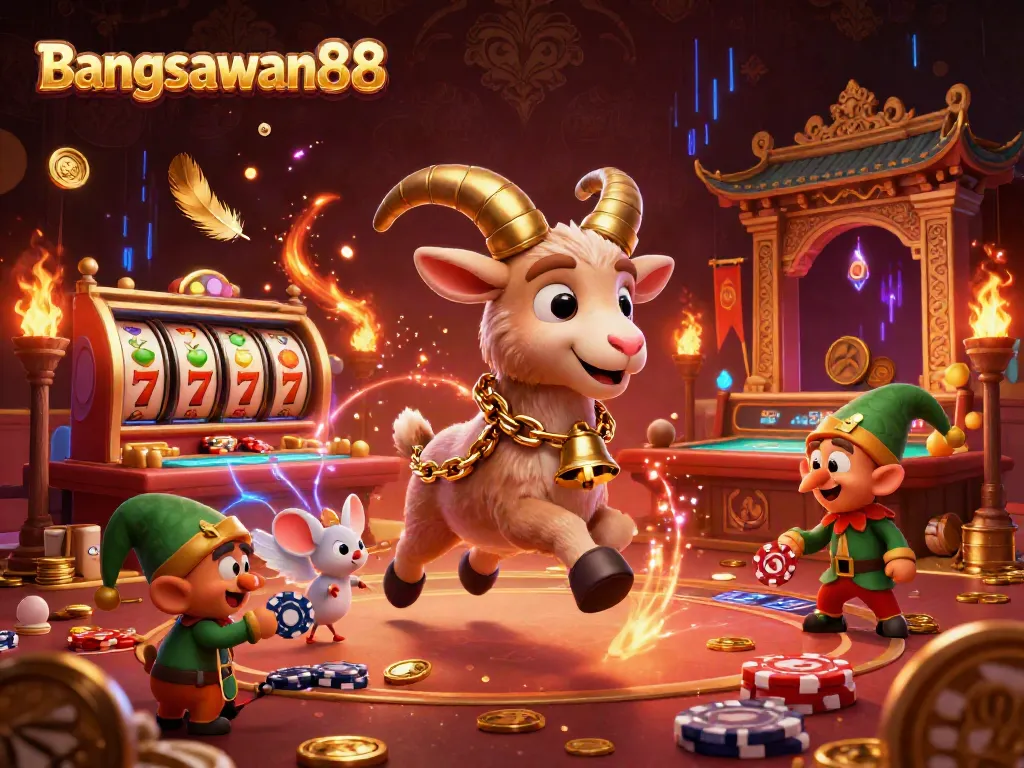 Bangsawan88 casino scene featuring a playful Krampus goat, angel mouse, and mischievous elf gremlins amid dynamic game elements.