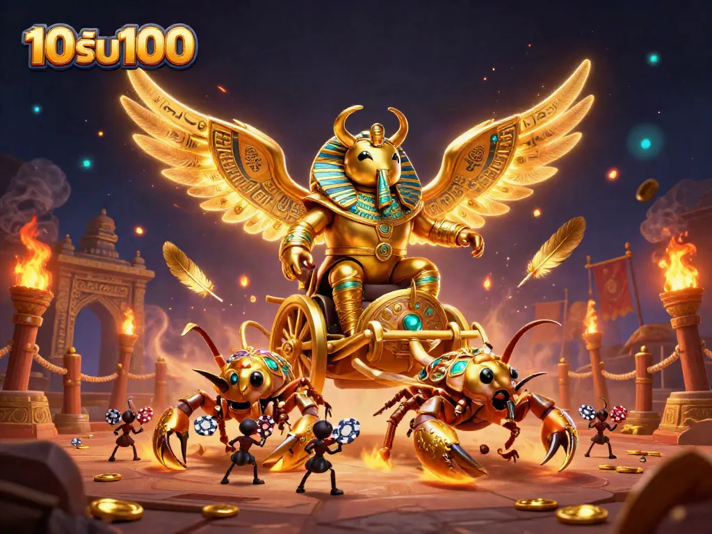 ภาพแสดงโปรโมชั่น 10รับ100 ที่รวมสิงสาราสัตว์ในธีมอียิปต์โบราณและเอฟเฟกต์คาสิโน