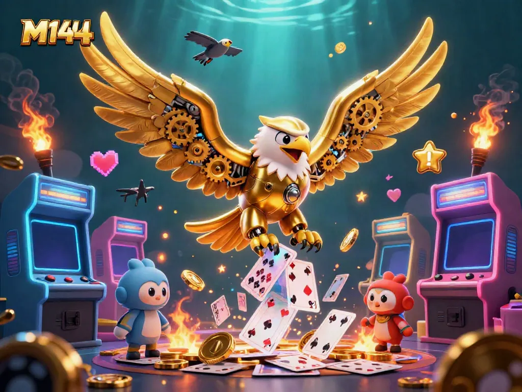 Experience M144 excitement through a dynamic 3D casino scene featuring a golden eagle and arcade games.