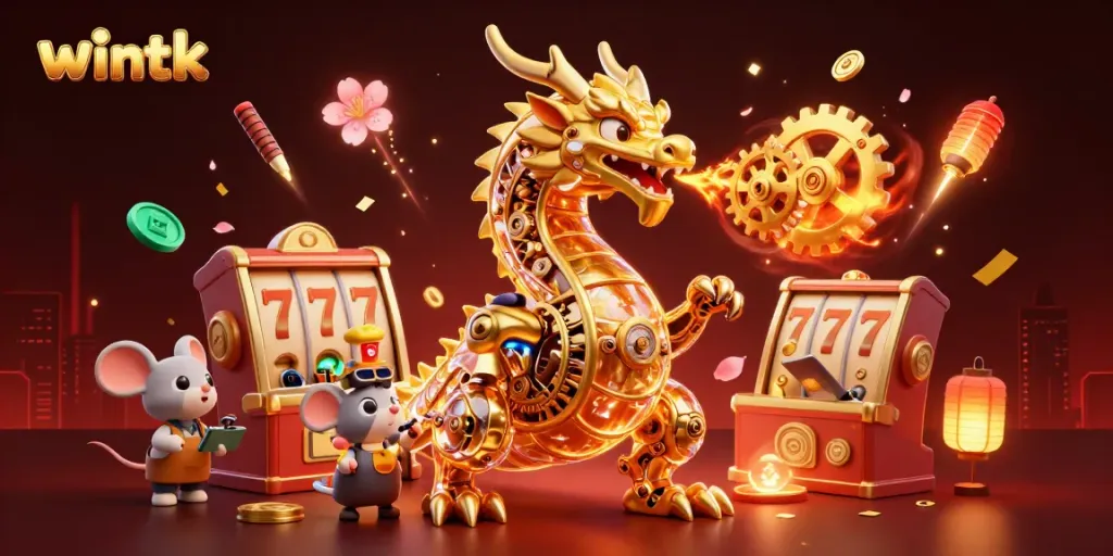 Engage in thrilling slot action featuring Wintk's golden dragon breathing gears amidst vibrant casino elements.