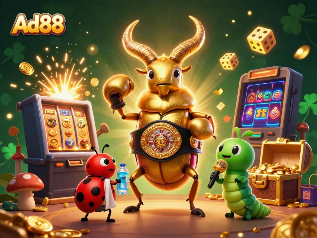 Experience thrilling action at Ad88 with a boxing beetle champion amidst vibrant casino elements
