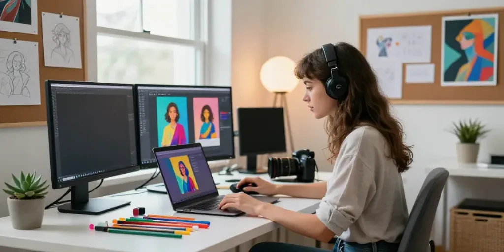 Learn how to use an AI image generator effectively with a digital artist creating vibrant images in a tech workspace.