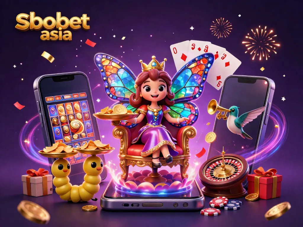 Experience thrilling betting action and vibrant colors at sbobet asia with a magical butterfly queen and casino elements.