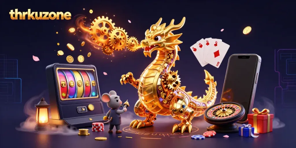 Engage with thrilling gameplay at thrkuzone as golden dragon breathes cogs and gears in a vibrant casino scene.