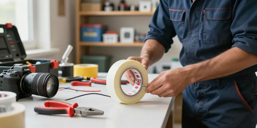 Contractor applying Super33 Daftar electrical tape in a professional workshop.
