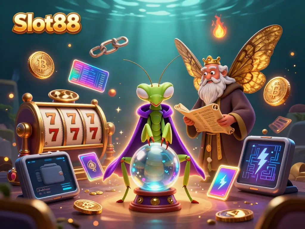 Spin the Slot88 reels with a mystical fortune teller and a wise librarian in a vibrant casino illustration.
