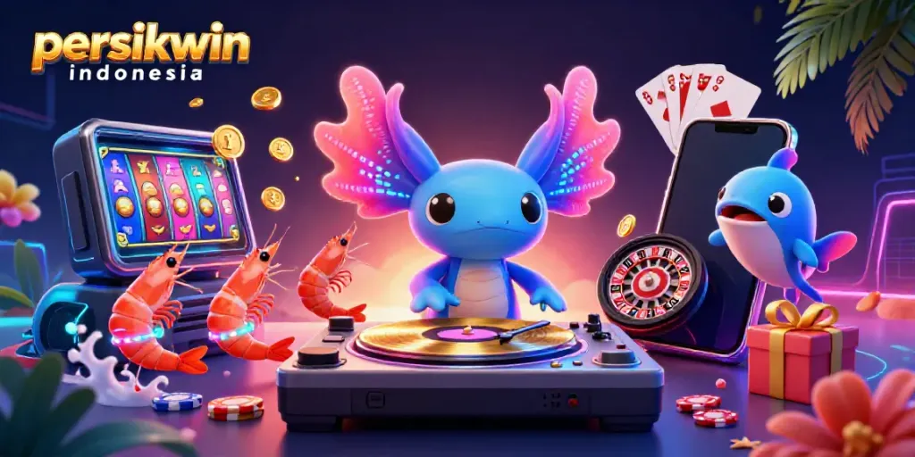 Gambarkan pengalaman bermain di persikwin indonesia dengan DJ axolotl dan karakter unik lainnya dalam illustrasi 3D