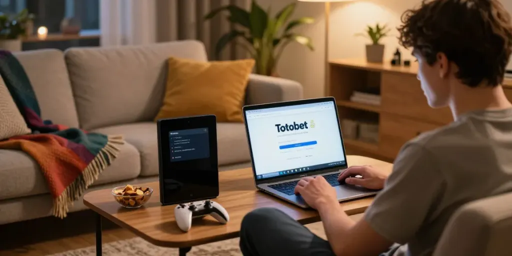 Engaged user on sofa accessing Totobet login page in cozy living room.