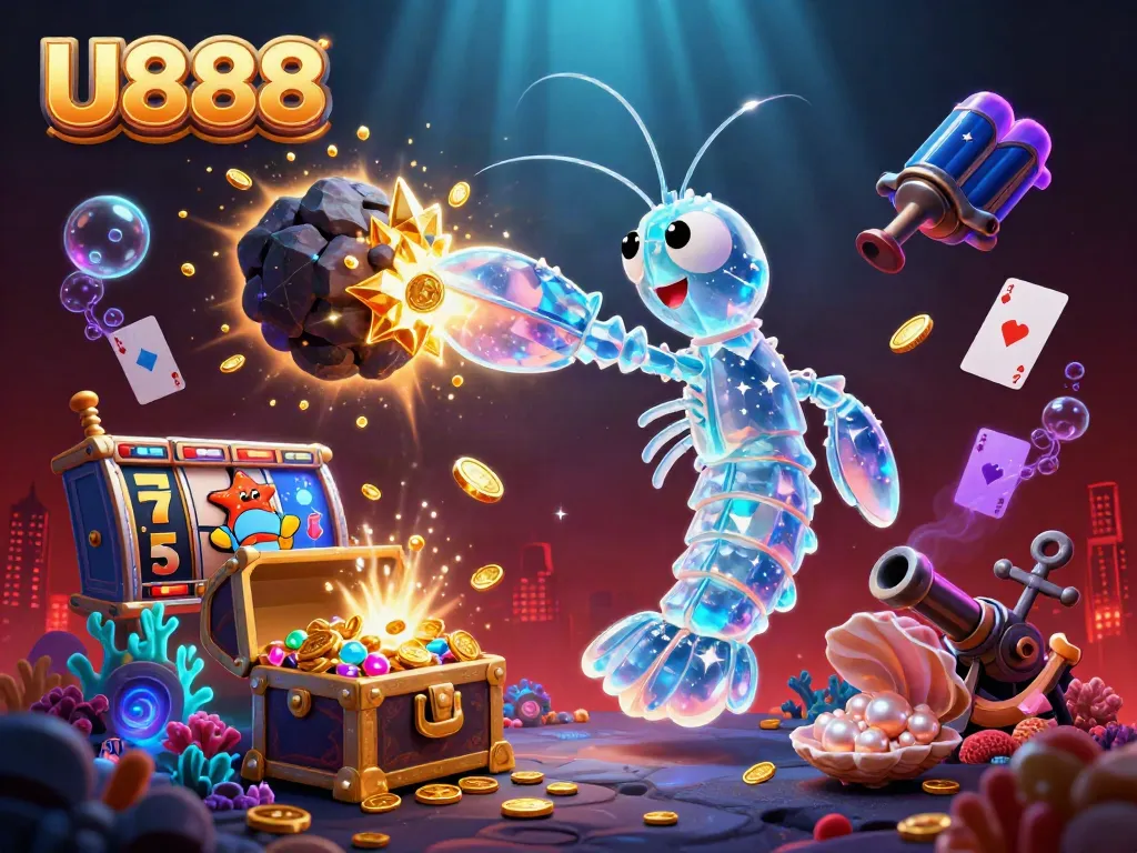 U888 showcases an explosive scene of galactic adventures with a mantis shrimp and starfish amidst casino elements.