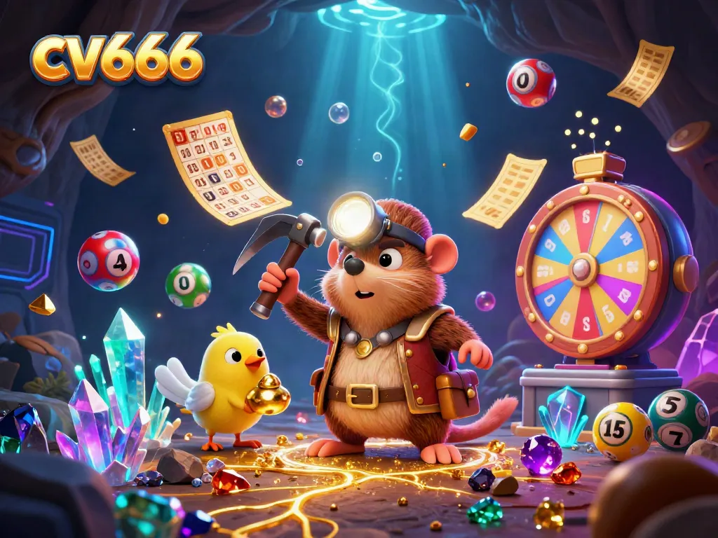 Engage with cv666's dynamic casino adventure led by a treasure hunter mole amidst vibrant lottery elements.