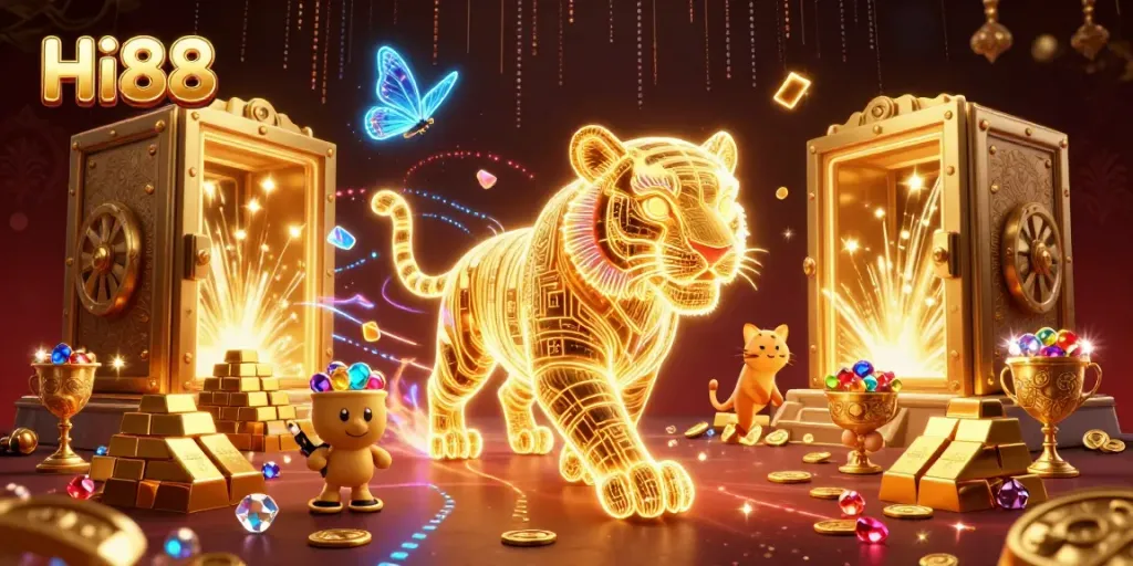 Exciting Hi88 casino scene with a neon-wireframe golden tiger and holographic butterflies.