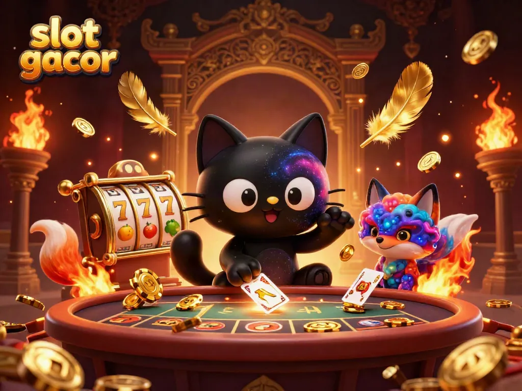 Experience slot gacor action featuring a black hole cat and colorful fox in a cosmic casino illustration.