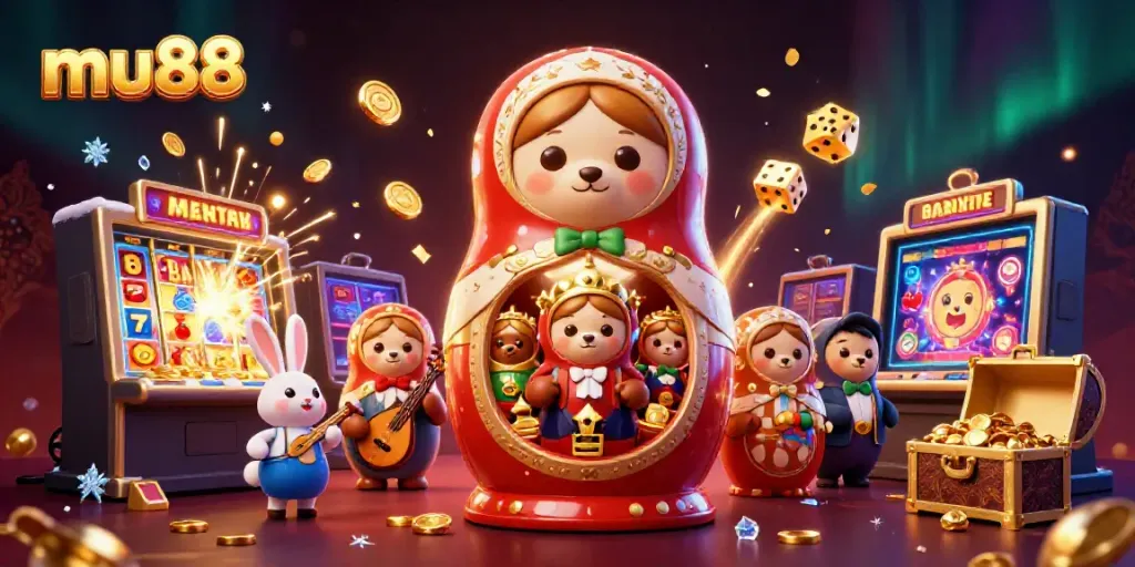 Experience the thrill of mu88 with an engaging 3D casino scene, featuring cartoon characters and dynamic gaming elements.
