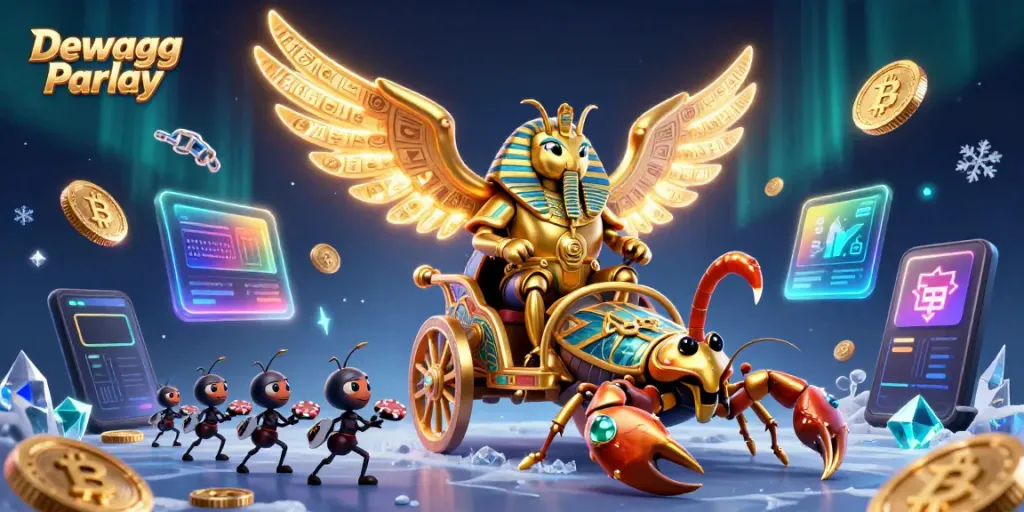 Engage with Dewagg Parlay featuring a golden scarab beetle, chariot, and crypto elements in an exciting online gambling scene.
