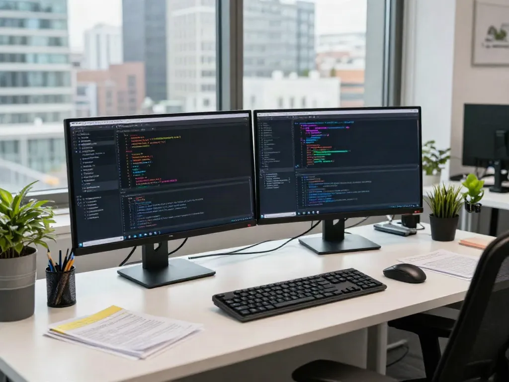 Dynamic workspace with a web developer using dual monitors in a modern office, showcasing link management tools.