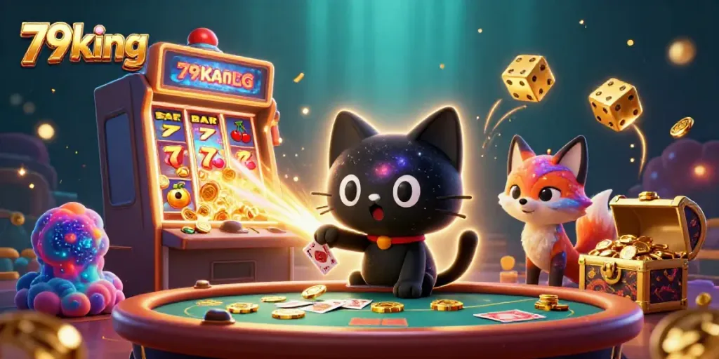 Experience the cosmic charm of 79king with vibrant slot machines and enchanting characters in a dynamic casino scene.