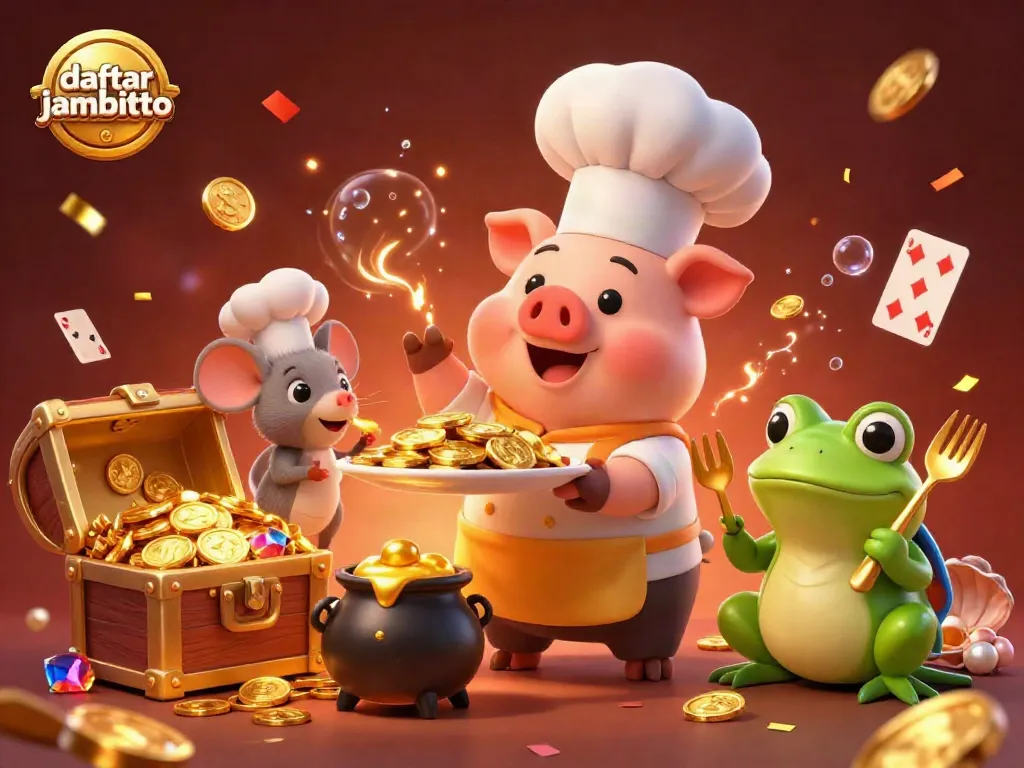Engage with daftar jambitoto while enjoying an imaginative scene showcasing a pig chef serving gold coins in a vibrant casino setting.