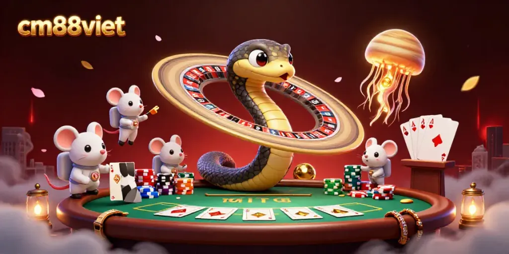 Experience cm88viet's lively casino scene with a Saturn ring roulette and playful astronaut mice.