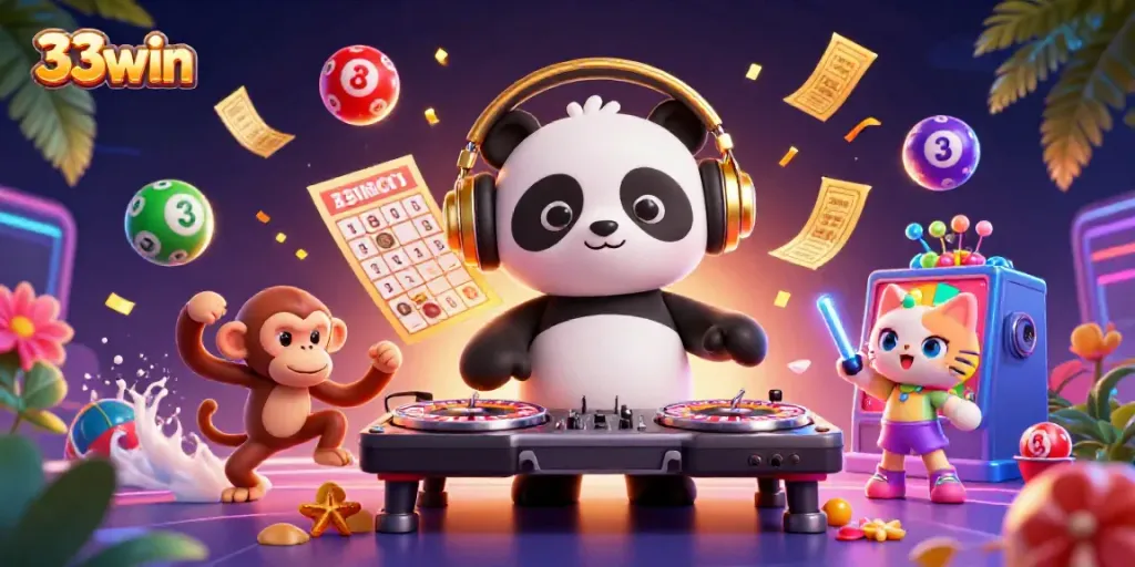 Engage in thrilling 33win gaming with a vibrant DJ panda, dancing monkey, and glow-stick kitten.