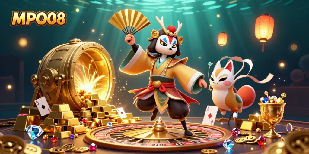 Experience the thrill of MPO08 live casino with vibrant 3D characters and exciting game elements.