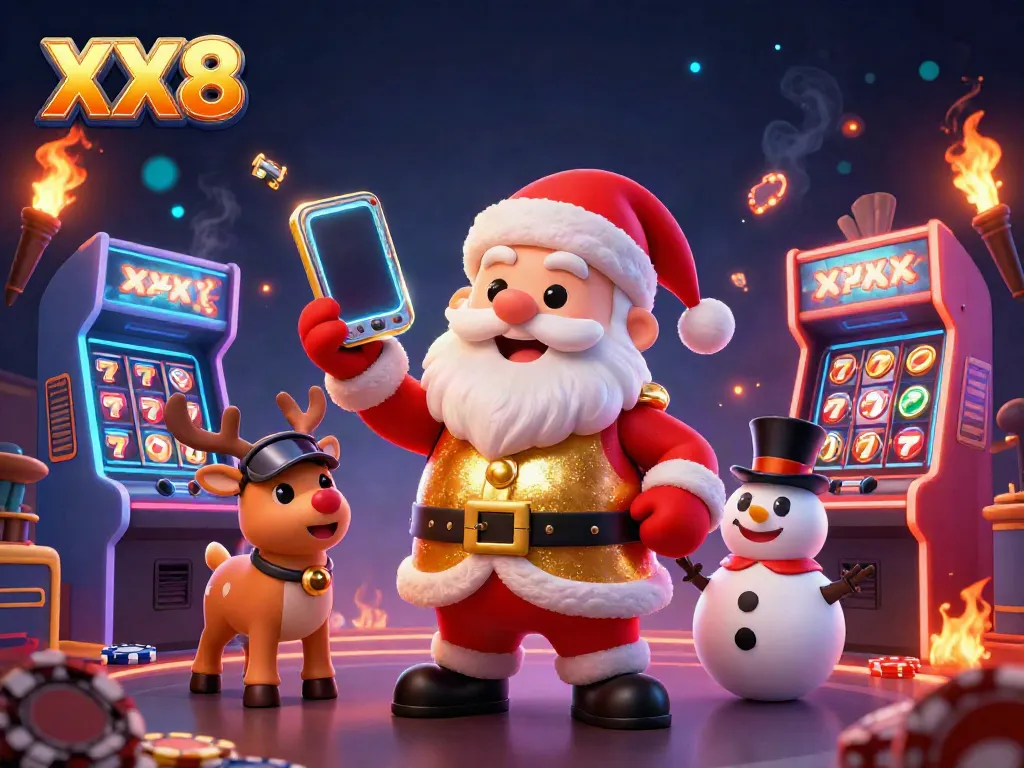 Experience vibrant gameplay at XX8 with Santa and friends in a dynamic casino scene.